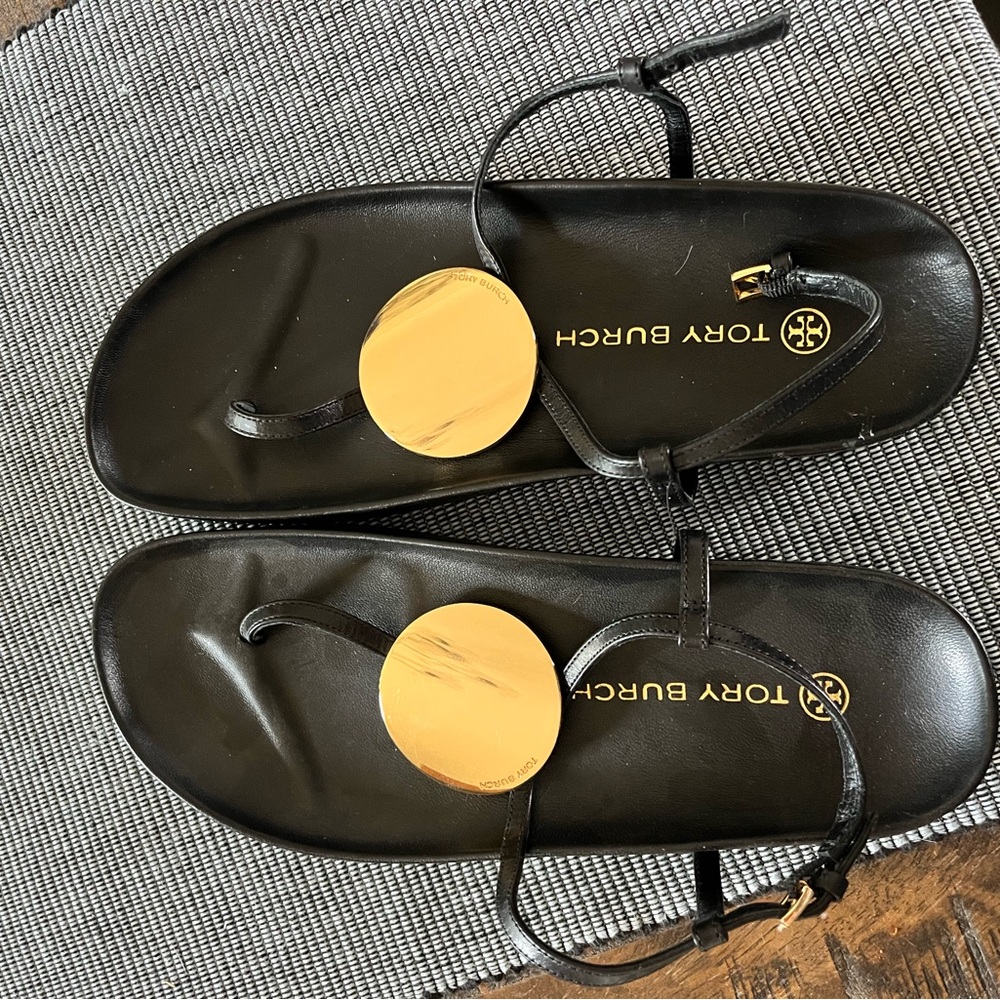 Tory Burch Black Sandals with Gold Disc